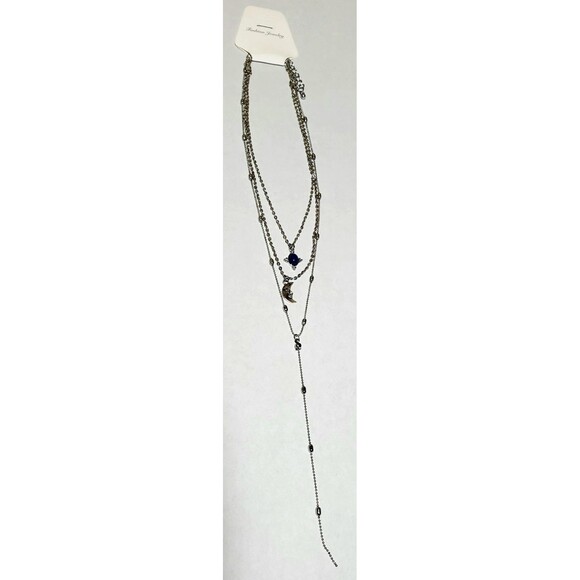 Boho celestial silver Y lariat necklace with layered moon and star charms, 12" - Picture 4 of 11